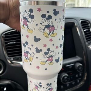 Disney White Mickey Mouse Patterned Travel Tumbler with Pink and Yellow Accents